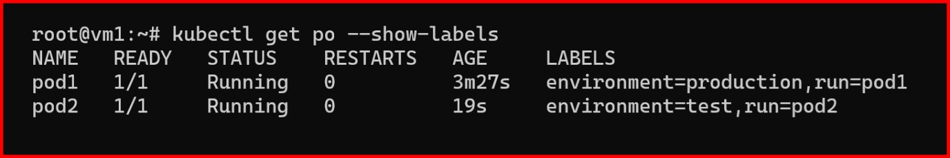 Picture showing the output of kubectl get po --show-labels command